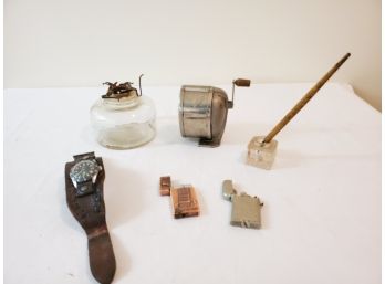 Vintage Lot W/Thorens Lighter, Sheffield Divers Watch W/ 70s Leather Band, Glass Ink Well &  Wooden Quill Pen