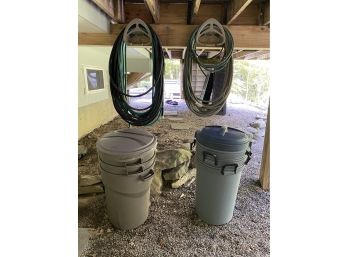6 Rubbermaid Trash Cans And 5 Assorted Length Hoses
