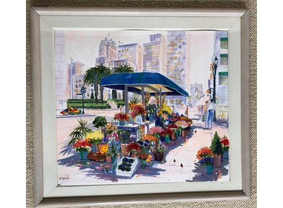 Framed Original Watercolor By D. Spangler - Union Square Flower Stand