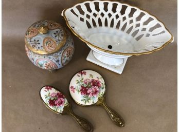 Baroque 4pc Lot - Dish, Covered Jar, Grooming Set
