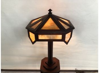 Mission Style Table Lamp With Wood And Slag Glass Shade, Antique