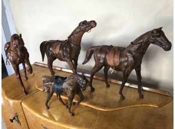 Horse Figures In Wood & Leather - Set Of 4