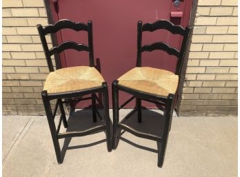 Pair Black Wooden Barstools With Rush Seat