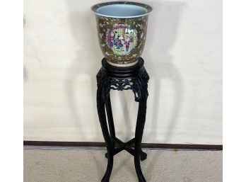 Chinese Export Carved Plant Stand And Ceramic Pot