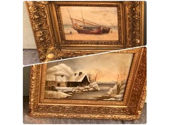 Antique Pair Of Oil Paintings - Boat & Snow Scene