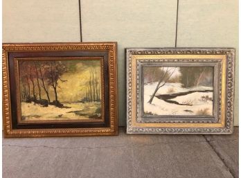 Signed Oil Painting Duo Of Snow Scenes