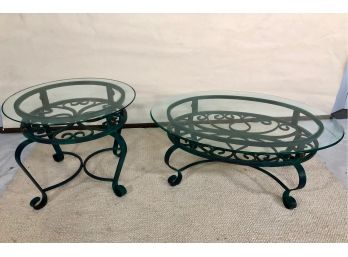 Glass Topped Verdigris Wrought Iron Table Duo