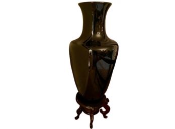 Black Ceramic Urn With Wooden Base