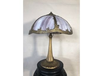 Antique Handel Slag Glass With Metal Overlay Table Lamp