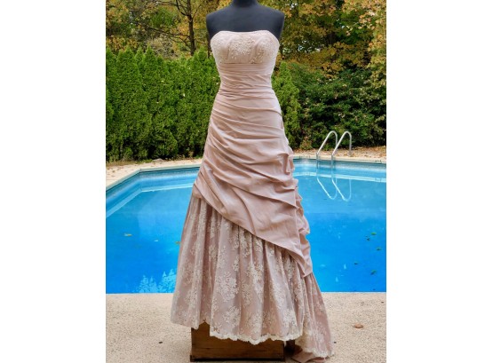 Floor Length Pink Taffeta Ball Gown With Lace, Tulle, Ruching, Assymetrical(BG77)