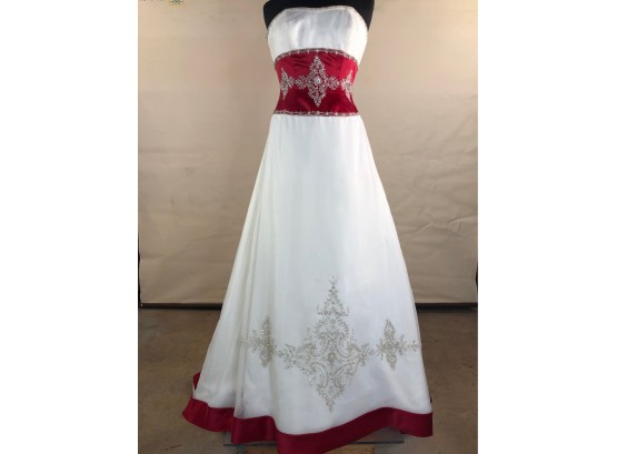 2 Be Bride, A-Line Satin With Red Banded And Beaded Waist And Trim(BG24)