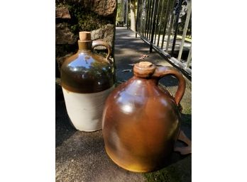 Set Of (2) Antique Salt-Glazed Stonware Jugs - Gorgeous Colors Of Fall!