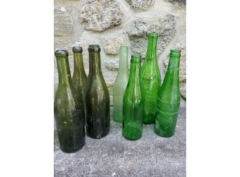 Set Of (7) Misc. Vintage Green Glass Bottles - Wine, Liquor, Soda, Etc.