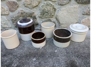 Lot Of (6) Antique Stoneware Salt-Glazed Crocks   (2) Lids