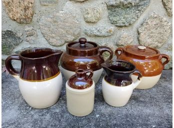 Lot Of (5) Small Vintage Stoneware / Salt-glazed Crocks, Pitchers And A Jug
