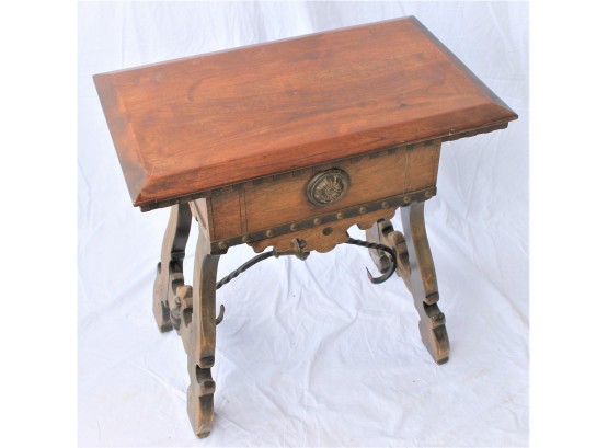 Vintage Oak Wood Single Drawer Smoking Table With Two Side Ash Tray Holders & Wrought Iron Accents