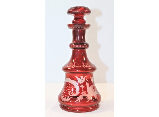 Viintage Ruby Glass Etched Wine/liquor Decanter W/stopper - German?