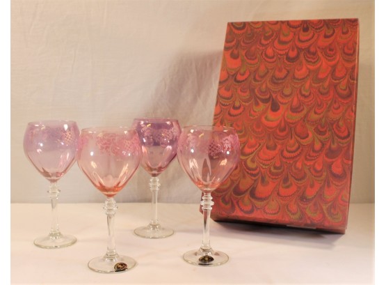 Lovely Set Of Four Cristalleria Fratelli Fumo Pink & Purple Etched Wine Glasses