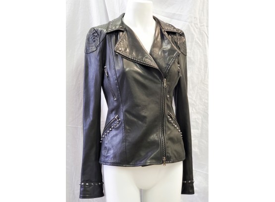 Awesome Super Soft Black Leather Studded Goth Biker Style Ladies Jacket - Size 42 Italian / Sz 6 -Small US