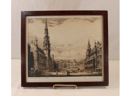 Antique Framed Artist Pencil Signed Engraving  - Bruxelles Belgium Grand Place
