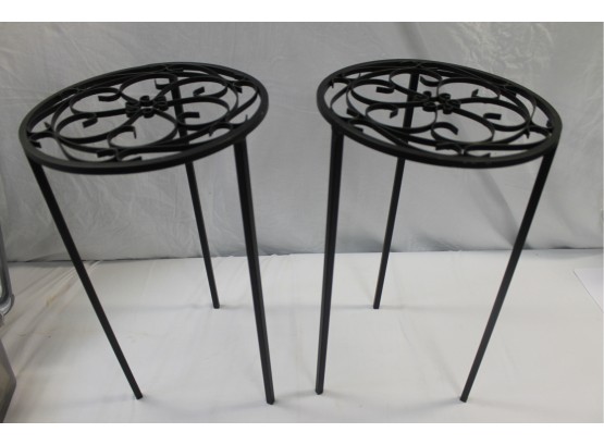 Pair Of Black Scrolled Metal Round Small Plant Stands