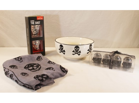 SKULL Assortment!  100% Silk Scarf, Bowl, Foster & Set Of Two Rye X Marks The Shot Glasses, Skull Candles