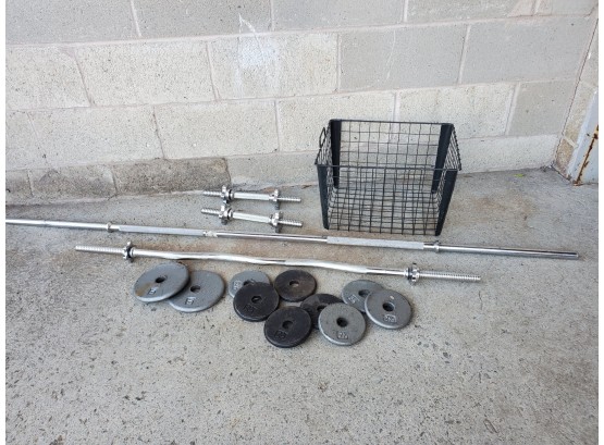 Lot Of Bar Bells, Weights, Dumbell Weights, Fitness Gear, Aerobic Step With Two Risers