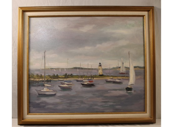 Lovely Framed Harbor Boat Oil Painting On Canvas By Frank Bruckmann