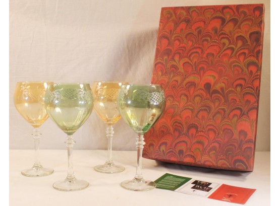 Lovely Set Of Four Cristalleria Fratelli Fumo Green & Amber 8' Etched Wine Glasses