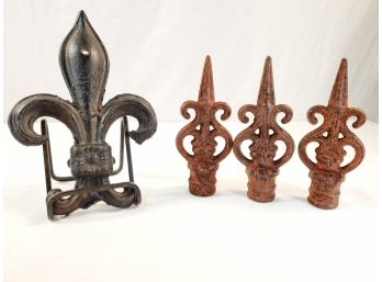 Three Rusted Cast Iron Finials And Vintage  Fleur De Lis Wall Decor With Stand