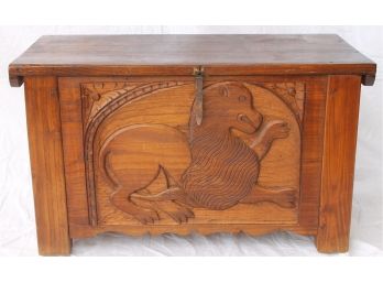 Vintage Dark Wooden Blanket Chest With Hand Carved Lion On Front Panel
