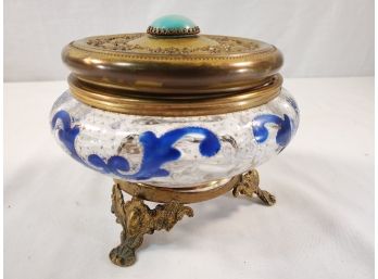 Antique Hand Painted French Glass And Brass On Copper Lidded Candy Jar