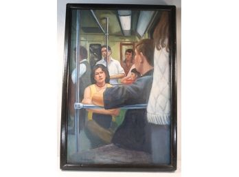 Frank Bruckmann Original Oil On Canvas In Large Wood Frame 'Commuting On The Subway/Train'