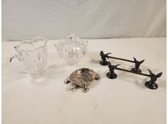 Assorted Decorative & Dining Lot - Gorham Crystal Sugar & Creamer, Pair Of Pewter Pheasant Knife Rests