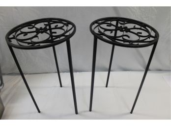 Pair Of Black Scrolled Metal Round Small Plant Stands