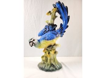 Dramatic Large Porcelain Cobalt Blue & Yellow 20.5'Tall Parrot Figurine - Made In Italy
