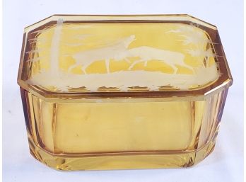 Vintage Amber Glass Cut To Clear Scenic Lid Oblong Box