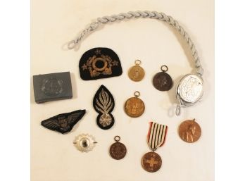 Assortment Of Military, Commemorative Medals, Patches, Belt Buckles & More