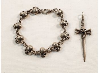 Awesome Alchemy England Pewter Gothic Skull Link Bracelet & Skull Dagger Pendant