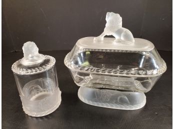 Vintage Gillinder And Sons Clear & Frosted Glass Rampart Lion Motif Containers