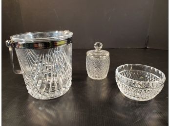Crystal Lot With Waterford Finger Bowl, Crystal Jelly Jar & Crystal Ice Bucket With Stainless Steel Trim