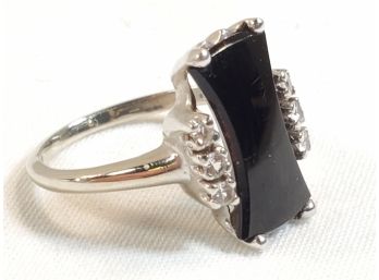 Beautiful Ladies 10k White Gold Onyx Ring With Diamond Accents