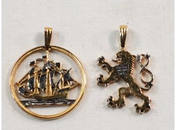 Two Gold & Silver Plated Pendants-Tall Ship And Royal Lion - Made From Vintage Coins!!!
