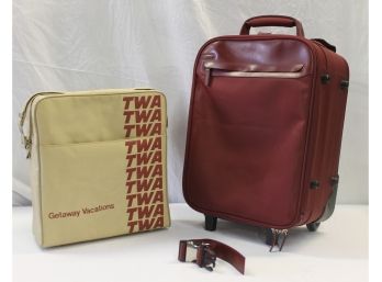 Travel Assortment - Vintage TWA Getaway Vacations Carry On Bag, Small Maroon Rolling Suitcase