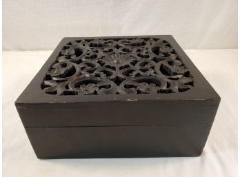 Pretty Black Painted Hinged Wood Box With Floral Carved Top
