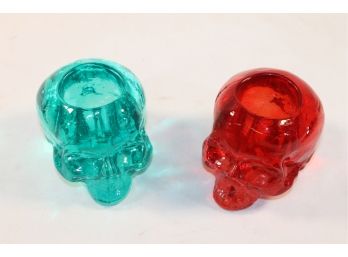 Pair Of Kosta Boda Crystal Green & Red Skull Votive Candle Holders