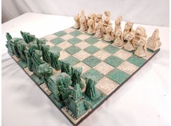 WOW!! Very Ornate Aztec Mexican Pottery Chess Board & Figural Playing Pieces