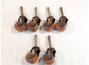 Vintage Set Of Six Brass Casters With Wooden Wheels
