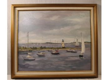 Lovely Framed Harbor Boat Oil Painting On Canvas By Frank Bruckmann