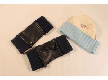 Cute Pair Of Ladies Dal Dosso Navy Blue Knit & Black Leather Fingerless Gloves & Paul & Shark Yachting Hat